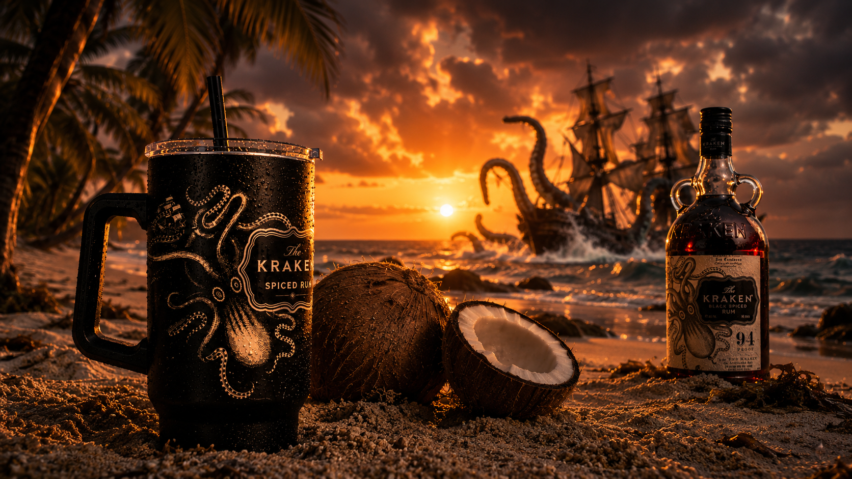 The Kraken branded mug beach lifestyle shot