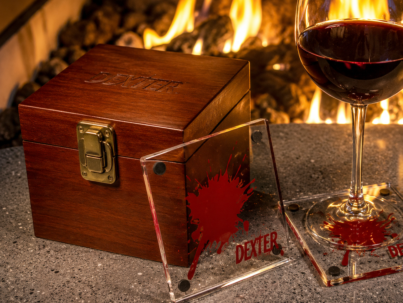 Showtime Dexter custom wooden box with branded acrylic coasters