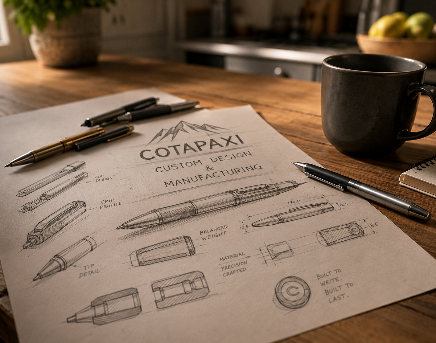 Cotapaxi custom pen design sketch on kitchen table